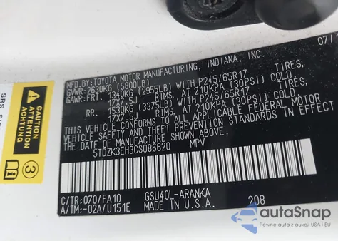 2012 Toyota Highlander Base V6 z USA, uszkodzony, nr VIN 5TDZK3EH3CS086620